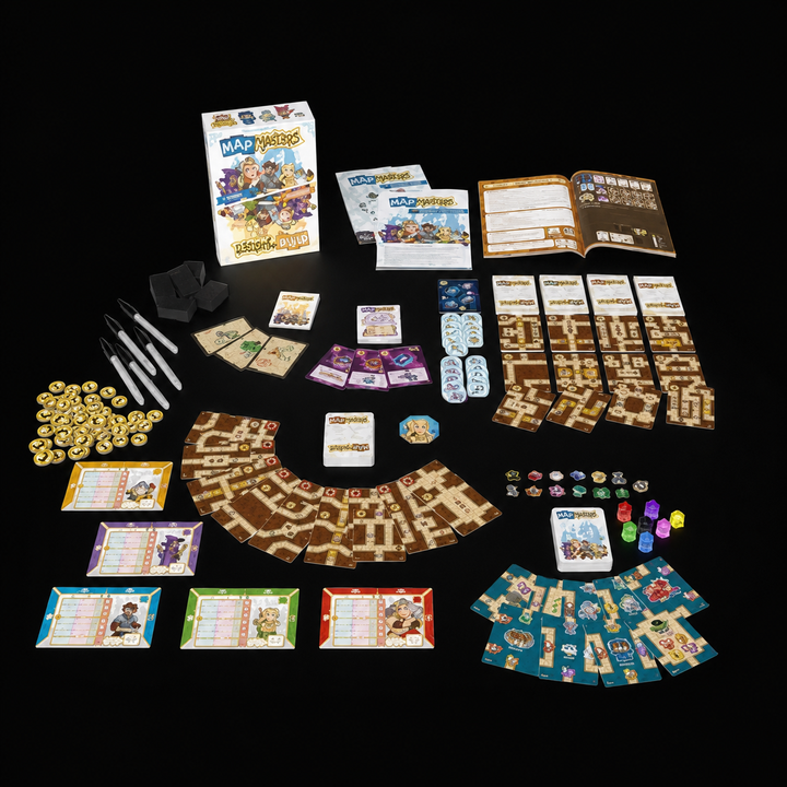 Map Masters – contenu du jeu avec cartes, plateaux, marqueurs, jetons et accessoires