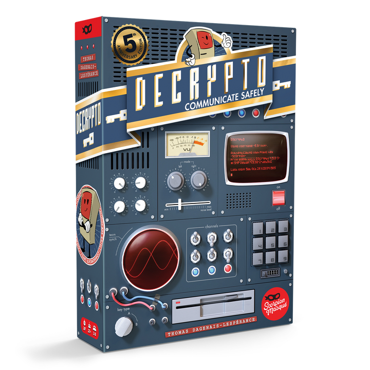 Decrypto : 5th Anniversary — boîte du jeu en perspective, côté gauche visible.