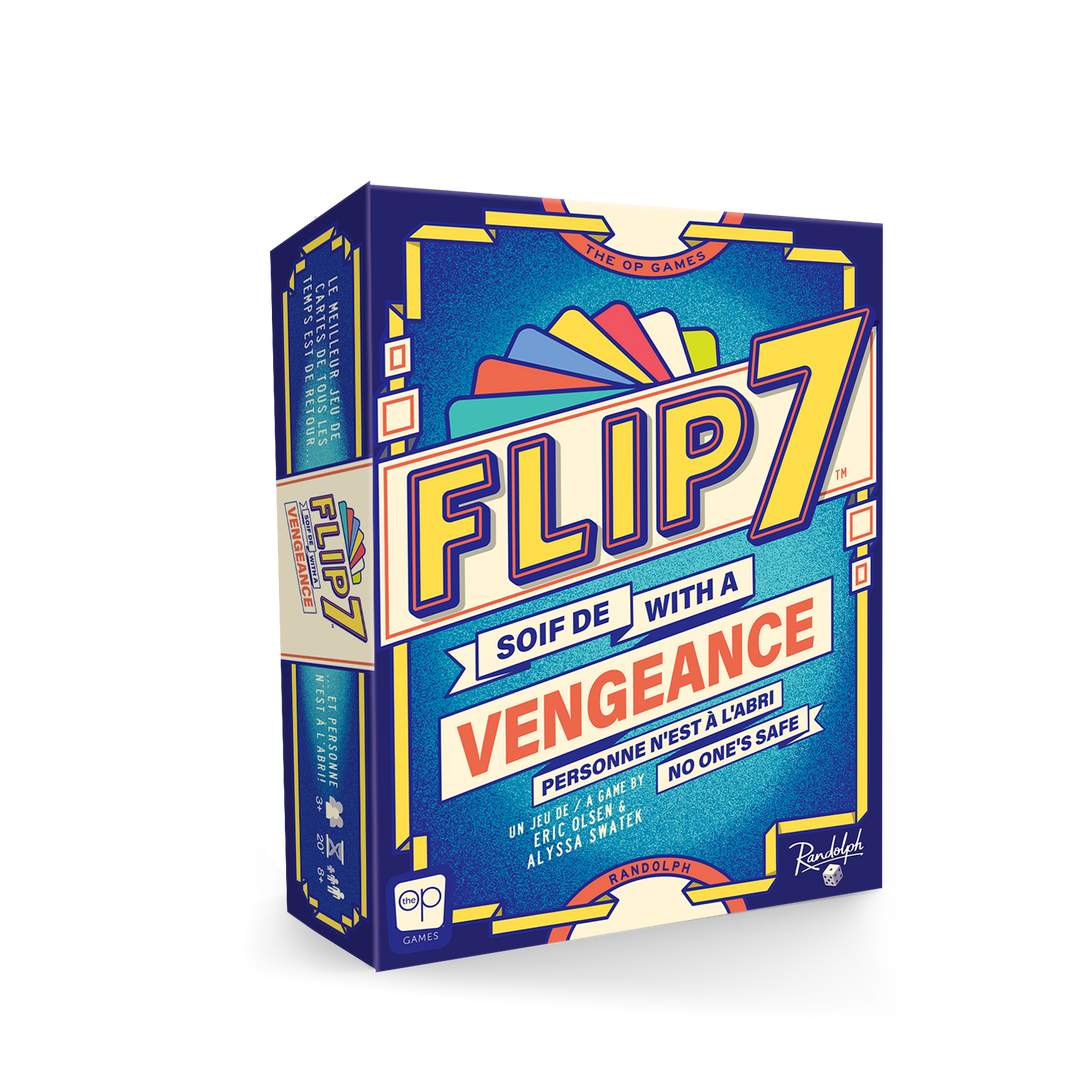Flip 7 : Vengeance — boîte du jeu en perspective, côté gauche visible.
