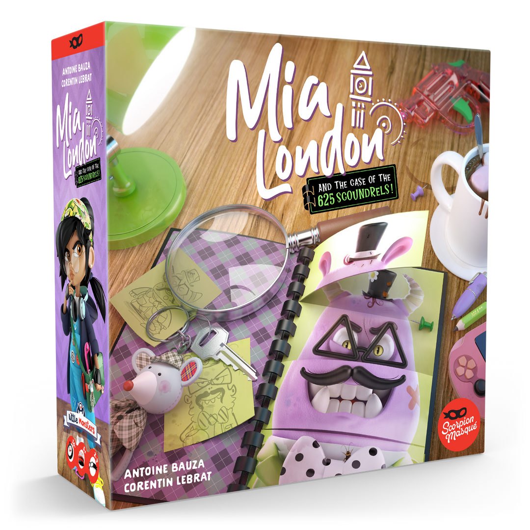 Mia London and the Case of the 625 Scoundrels (VA) — boîte du jeu en perspective, côté gauche visible.