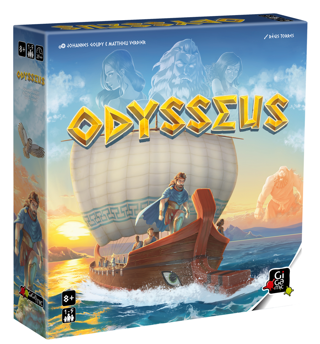 Boîte du jeu Odysseus en français, vue en perspective.