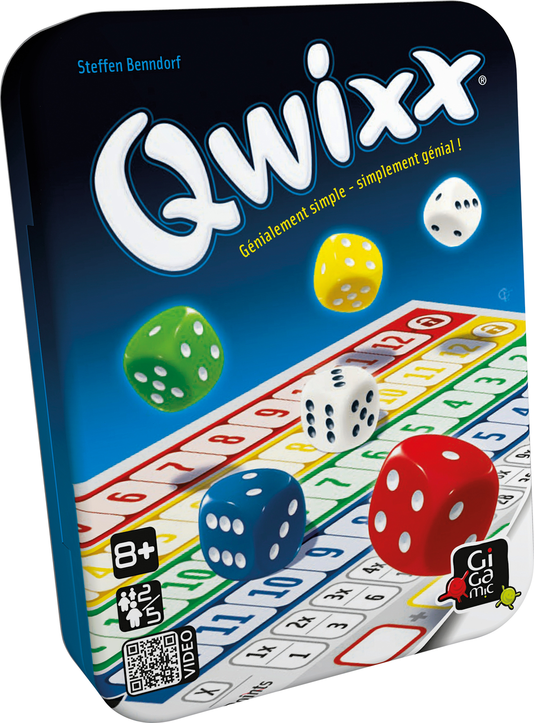 Qwixx — boîte du jeu en perspective, côté gauche visible.