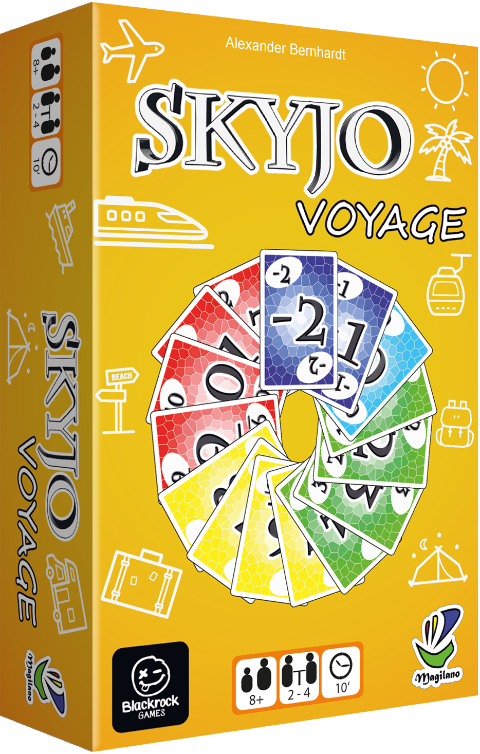 Skyjo Voyage — boîte du jeu en perspective, côté gauche visible.