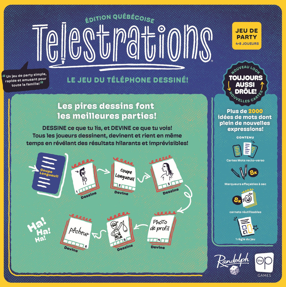Dos de la boîte de Telestrations, édition québécoise en français.